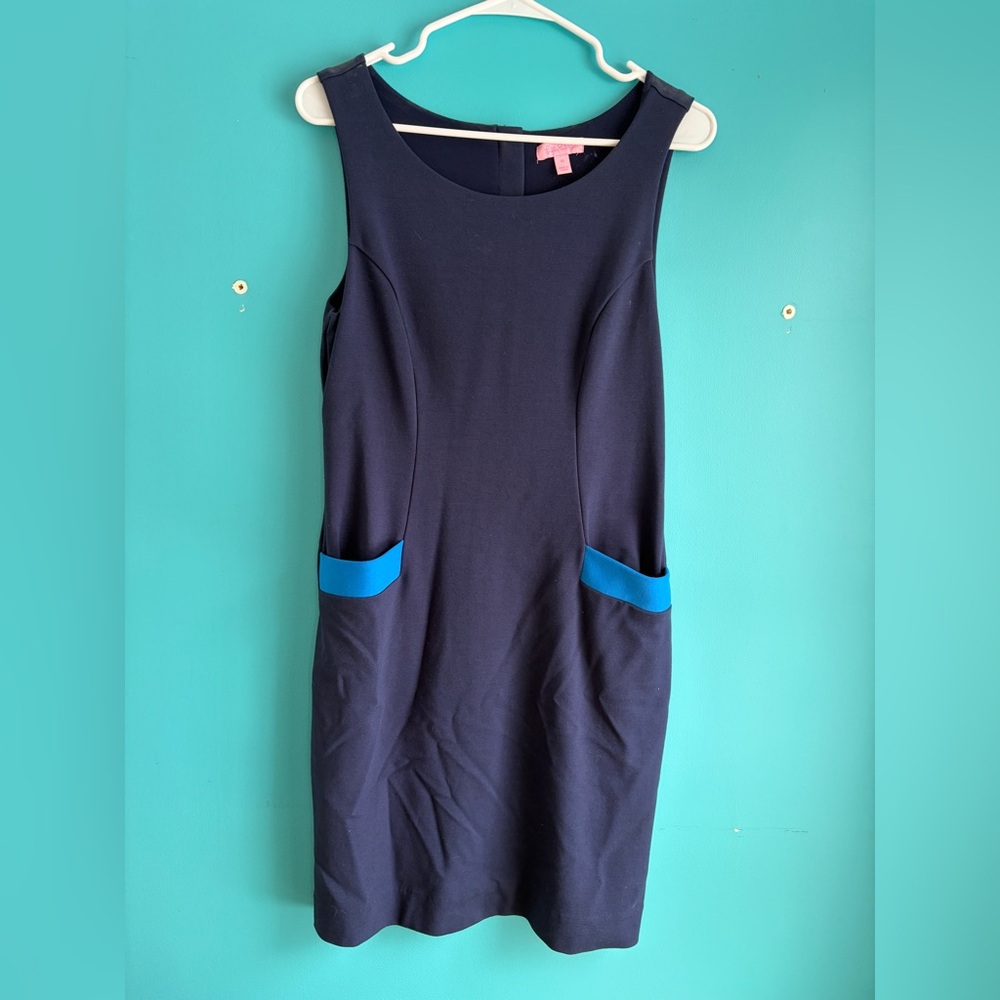 Lilly Pulitzer Navy Sheath Dress with Bright Blue Pocket Trim
